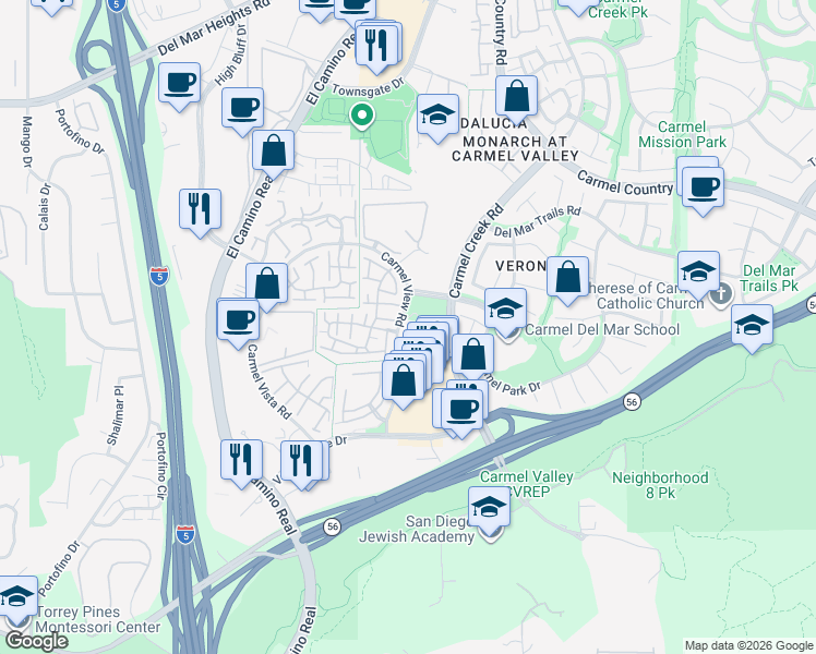 map of restaurants, bars, coffee shops, grocery stores, and more near 3776 Carmel View Road in San Diego