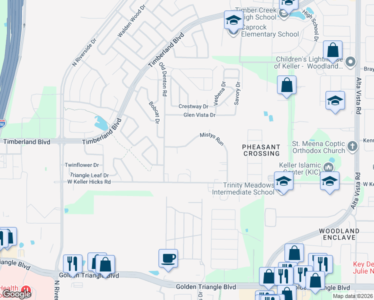 map of restaurants, bars, coffee shops, grocery stores, and more near 2924 Mistys Run in Fort Worth