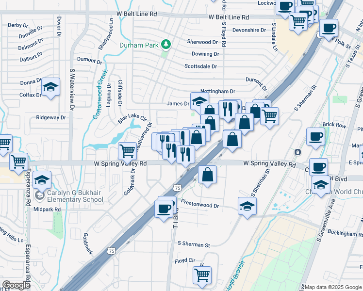 map of restaurants, bars, coffee shops, grocery stores, and more near 929 Saint Paul Drive in Richardson