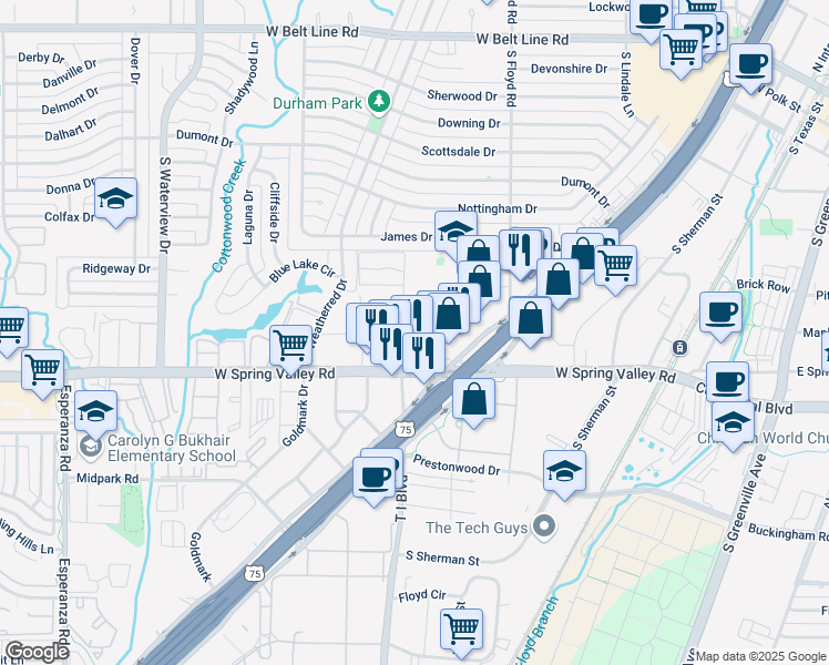 map of restaurants, bars, coffee shops, grocery stores, and more near 929 Saint Paul Drive in Richardson