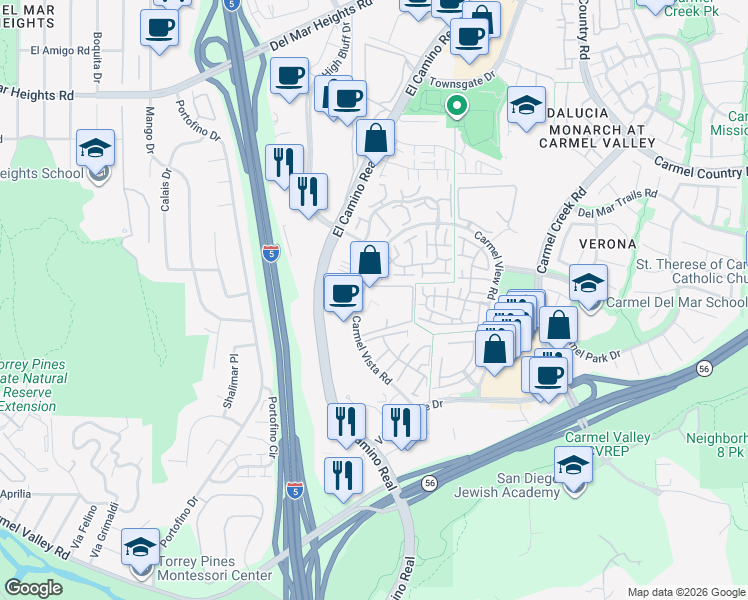 map of restaurants, bars, coffee shops, grocery stores, and more near 12283 Carmel Vista Road in San Diego