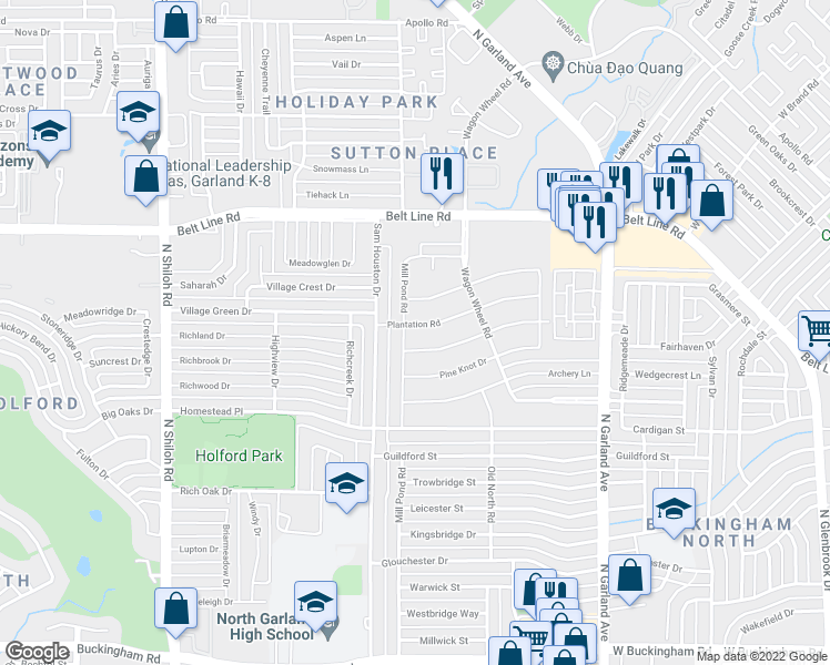map of restaurants, bars, coffee shops, grocery stores, and more near 1822 Plantation Road in Garland