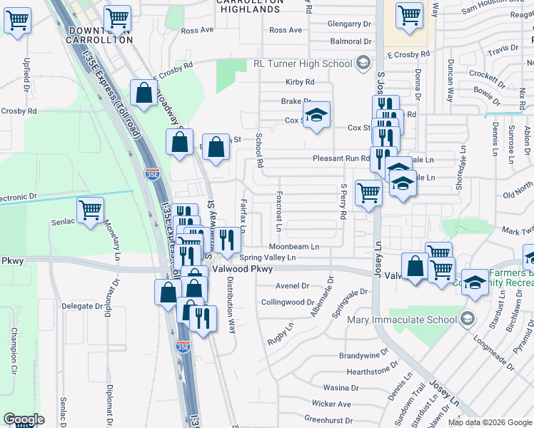 map of restaurants, bars, coffee shops, grocery stores, and more near 1811 Appletree Lane in Carrollton
