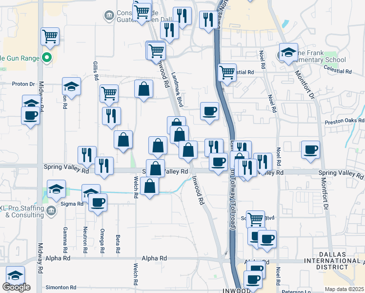 map of restaurants, bars, coffee shops, grocery stores, and more near 14221 Inwood Road in Farmers Branch
