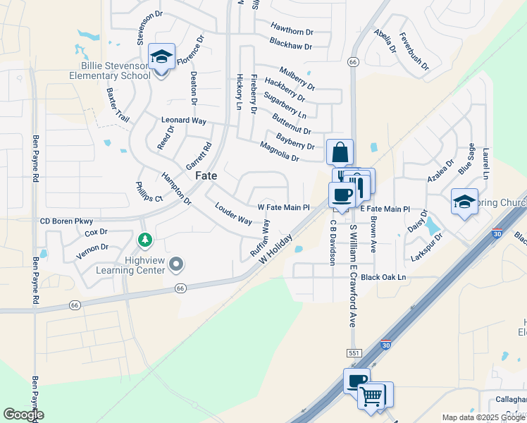 map of restaurants, bars, coffee shops, grocery stores, and more near 575 West Fate Main Place in Rockwall