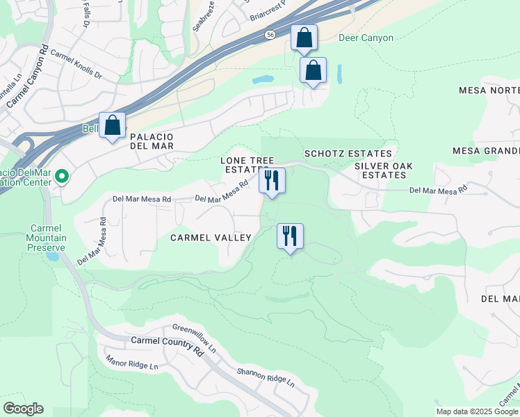 map of restaurants, bars, coffee shops, grocery stores, and more near 5300a Meadows Del Mar in San Diego