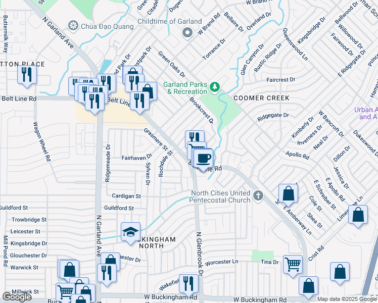 map of restaurants, bars, coffee shops, grocery stores, and more near 915 Belt Line Road in Garland