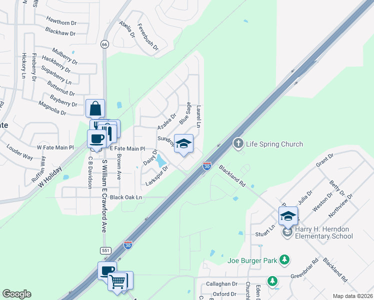 map of restaurants, bars, coffee shops, grocery stores, and more near 509 Laurel Lane in Rockwall