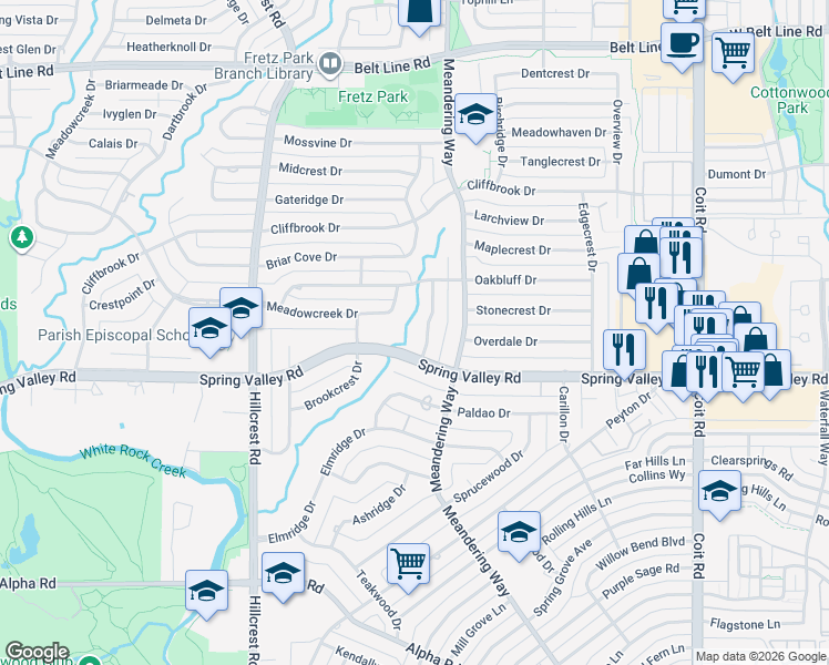 map of restaurants, bars, coffee shops, grocery stores, and more near 14127 Valley Creek Drive in Dallas