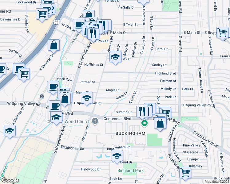 map of restaurants, bars, coffee shops, grocery stores, and more near 416 Maple Street in Richardson