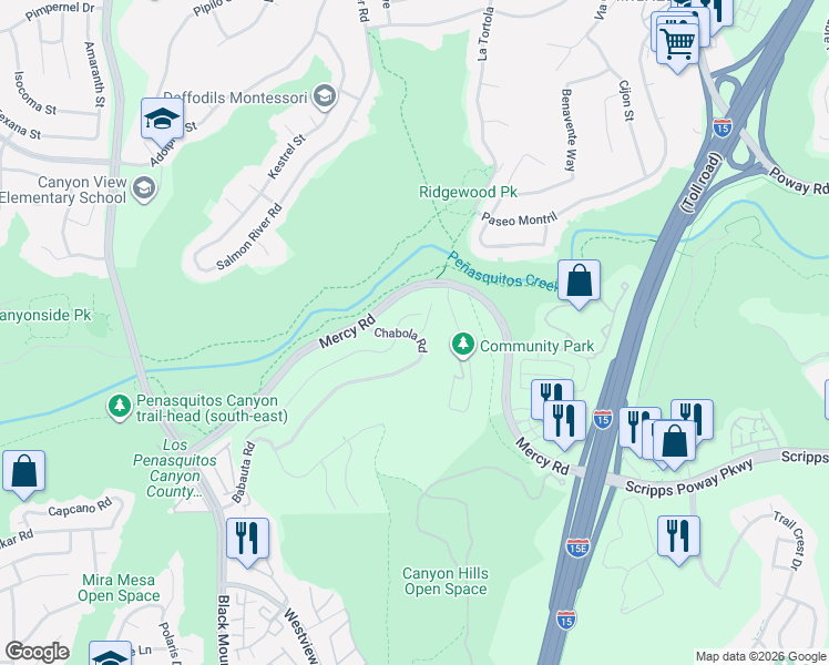 map of restaurants, bars, coffee shops, grocery stores, and more near 9535 Chabola Road in San Diego