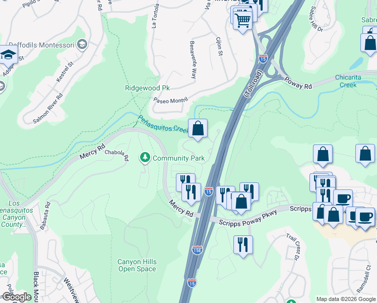 map of restaurants, bars, coffee shops, grocery stores, and more near 9920 Kika Court in San Diego