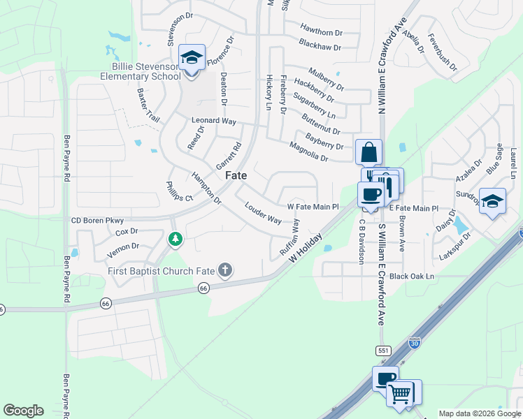 map of restaurants, bars, coffee shops, grocery stores, and more near 591 West Fate Main Place in Rockwall