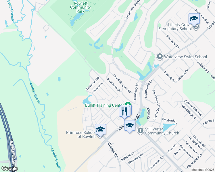 map of restaurants, bars, coffee shops, grocery stores, and more near 9401 Inverness Drive in Rowlett