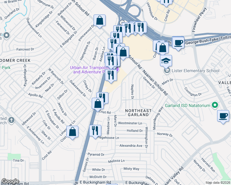 map of restaurants, bars, coffee shops, grocery stores, and more near 2817 Cedar Brook Drive in Garland