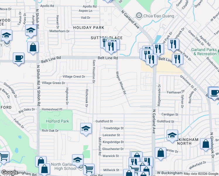 map of restaurants, bars, coffee shops, grocery stores, and more near 1718 Plantation Road in Garland