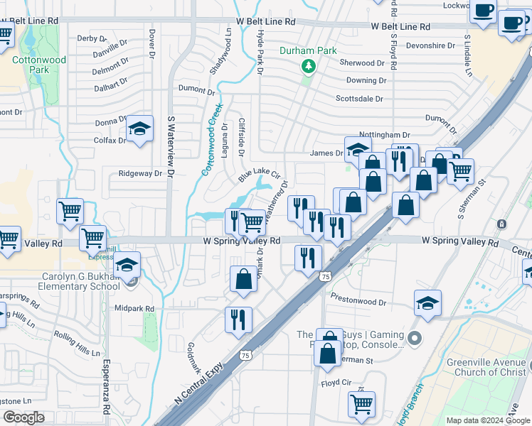 map of restaurants, bars, coffee shops, grocery stores, and more near 916 South Weatherred Drive in Richardson