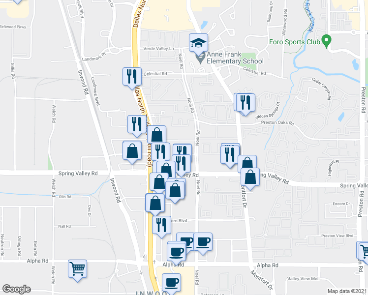 map of restaurants, bars, coffee shops, grocery stores, and more near 3 Noel Road in Dallas