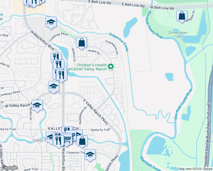 map of restaurants, bars, coffee shops, grocery stores, and more near 104 Meredith Drive in Irving