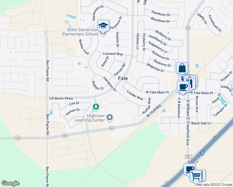 map of restaurants, bars, coffee shops, grocery stores, and more near 195 Hampton Drive in Rockwall