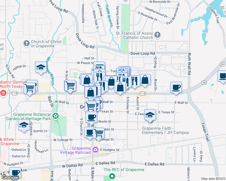 map of restaurants, bars, coffee shops, grocery stores, and more near 315 West Northwest Highway in Grapevine
