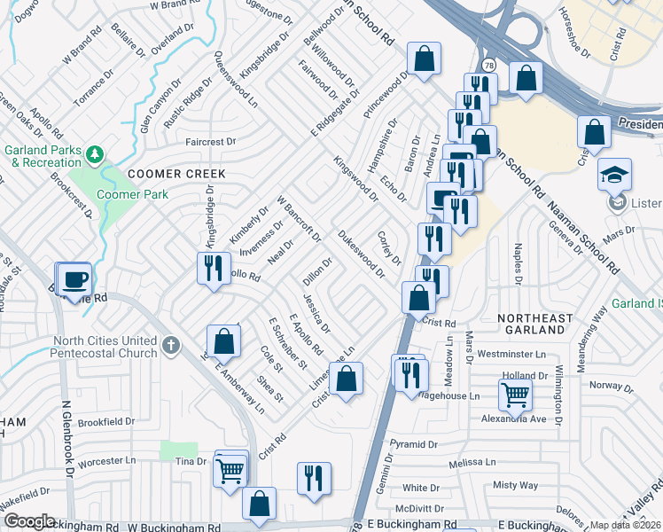 map of restaurants, bars, coffee shops, grocery stores, and more near 2530 Dillon Dr in Garland