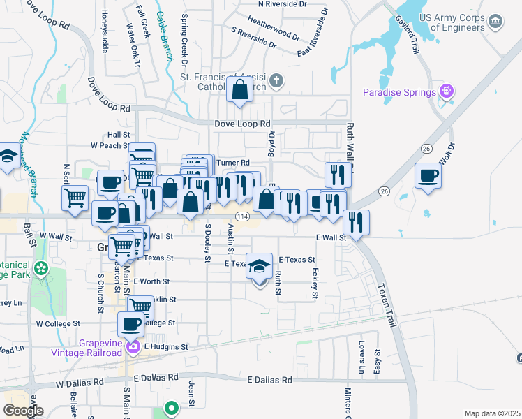 map of restaurants, bars, coffee shops, grocery stores, and more near 751 East Northwest Highway in Grapevine
