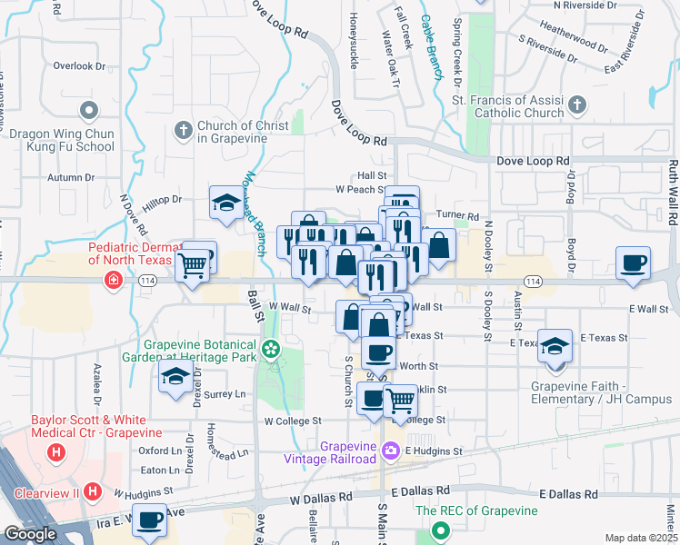 map of restaurants, bars, coffee shops, grocery stores, and more near 2031 West Northwest Highway in Grapevine