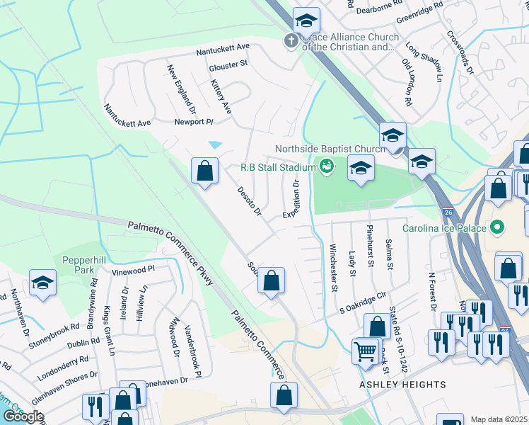 map of restaurants, bars, coffee shops, grocery stores, and more near 7802 Jean Rebault Drive in North Charleston