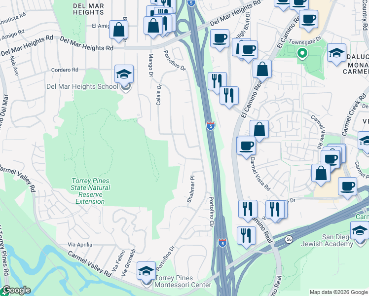 map of restaurants, bars, coffee shops, grocery stores, and more near 13334 Barbados Way in Del Mar