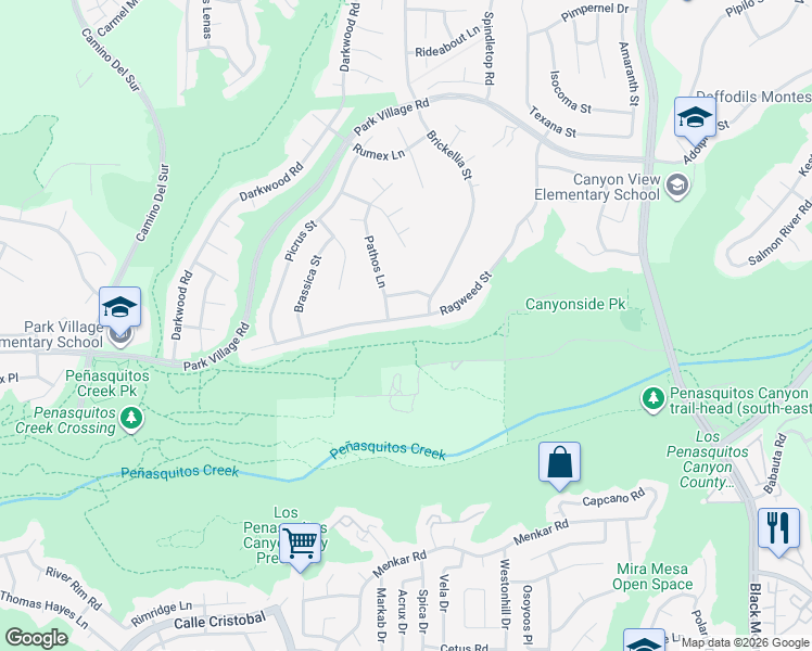 map of restaurants, bars, coffee shops, grocery stores, and more near 12367 Ragweed St in San Diego