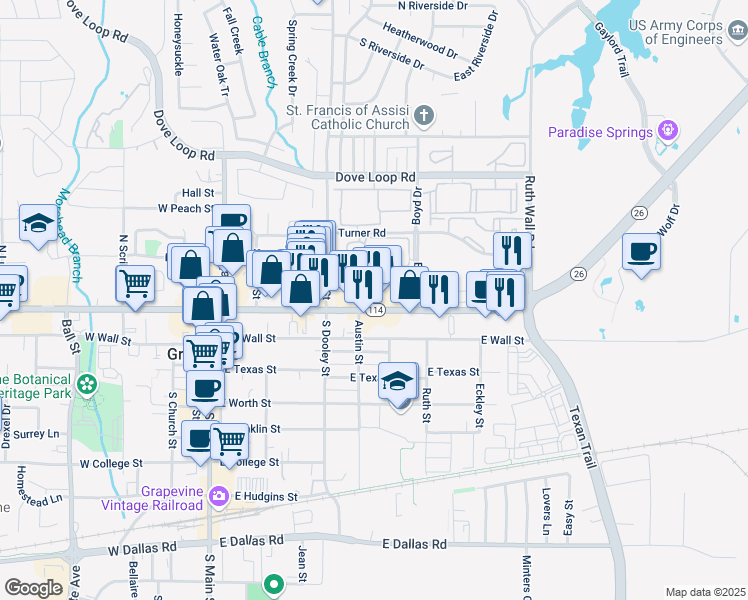 map of restaurants, bars, coffee shops, grocery stores, and more near 721 East Northwest Highway in Grapevine