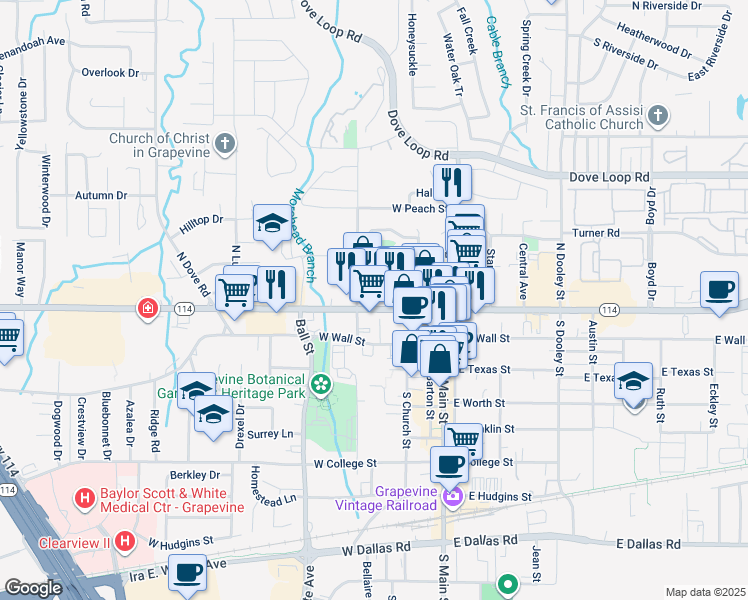 map of restaurants, bars, coffee shops, grocery stores, and more near 416 West Northwest Highway in Grapevine