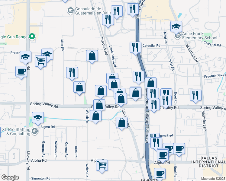 map of restaurants, bars, coffee shops, grocery stores, and more near 14221 Inwood Rd in Dallas