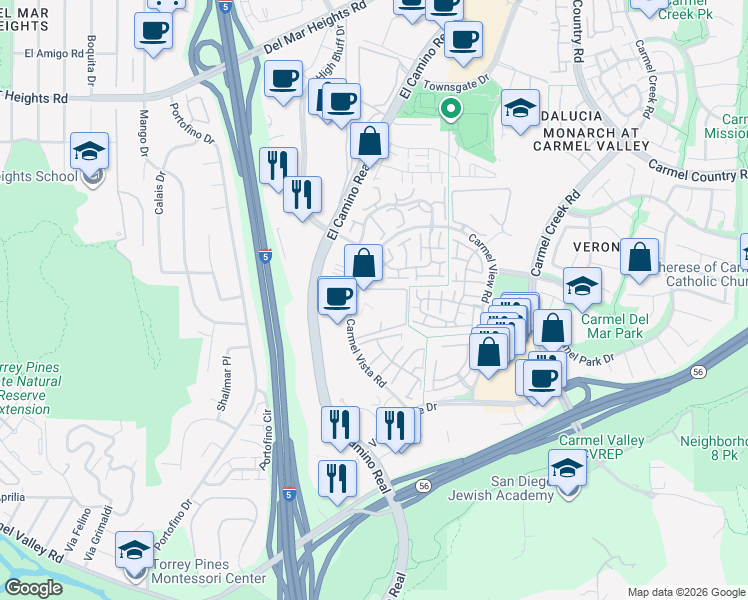 map of restaurants, bars, coffee shops, grocery stores, and more near 12269 Carmel Vista Road in San Diego