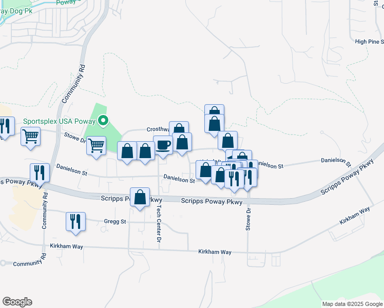map of restaurants, bars, coffee shops, grocery stores, and more near 13715 Stowe Drive in Poway