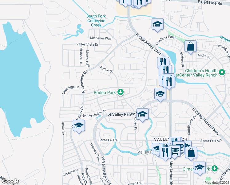 map of restaurants, bars, coffee shops, grocery stores, and more near 9723 Wolf Creek Drive in Irving
