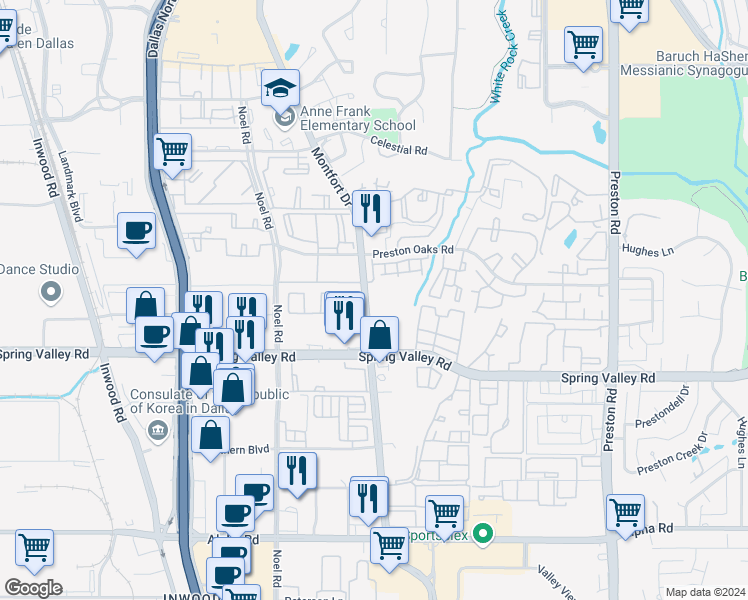 map of restaurants, bars, coffee shops, grocery stores, and more near 14110 Montfort Drive in Dallas