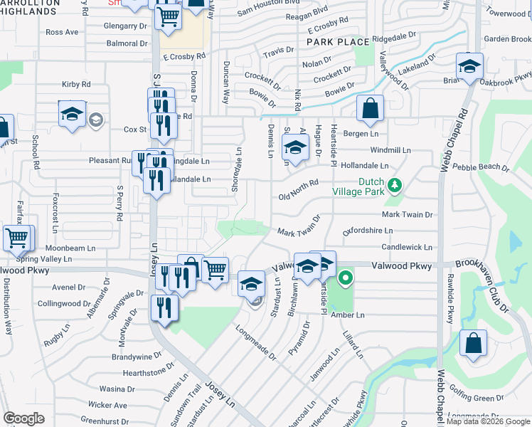 map of restaurants, bars, coffee shops, grocery stores, and more near 14221 Dennis Ln in Farmers Branch