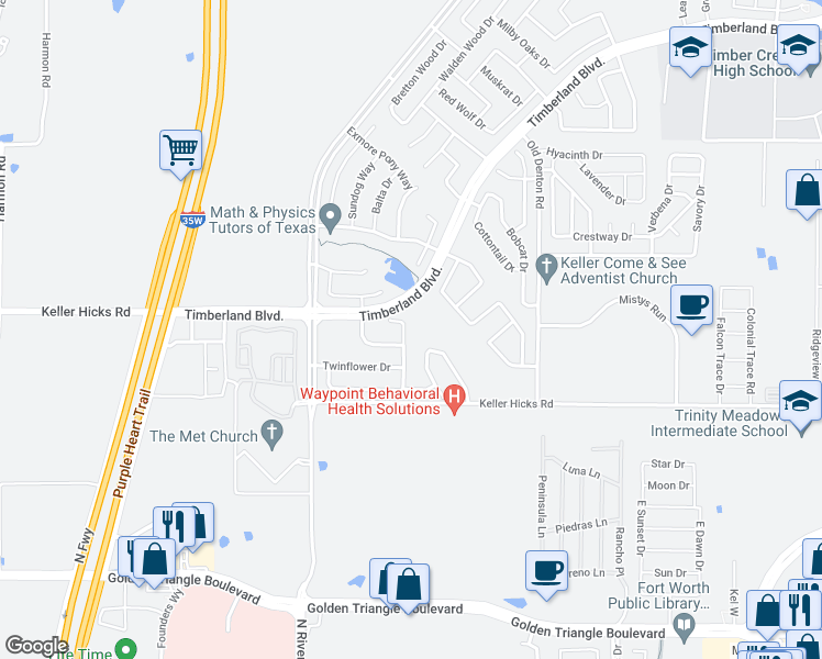 map of restaurants, bars, coffee shops, grocery stores, and more near 11605 Round Leaf Drive in Fort Worth