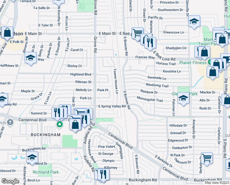 map of restaurants, bars, coffee shops, grocery stores, and more near 520 Towne House Lane in Richardson