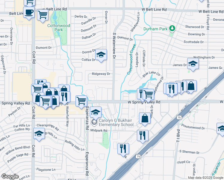 map of restaurants, bars, coffee shops, grocery stores, and more near 1201 Plaza Way in Richardson