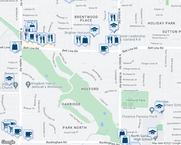 map of restaurants, bars, coffee shops, grocery stores, and more near 2801 Hickory Bend Drive in Garland