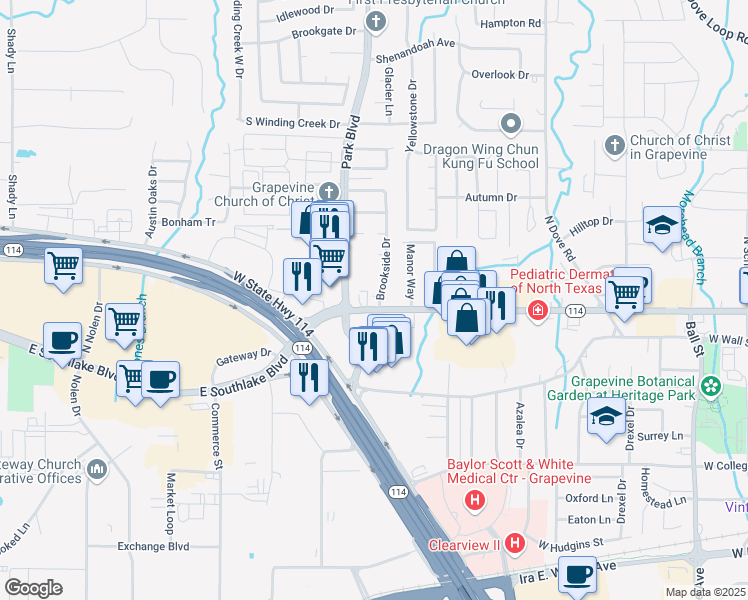map of restaurants, bars, coffee shops, grocery stores, and more near 101 Brookside Drive in Grapevine