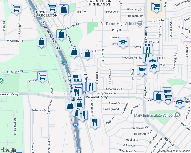 map of restaurants, bars, coffee shops, grocery stores, and more near 1814 Fairfax Lane in Carrollton