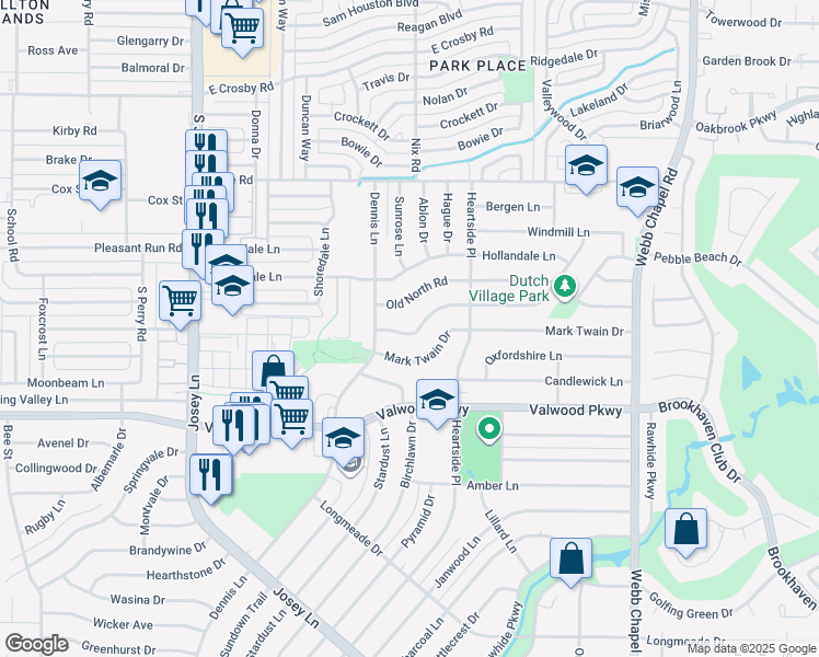 map of restaurants, bars, coffee shops, grocery stores, and more near 2833 Joanna Drive in Farmers Branch