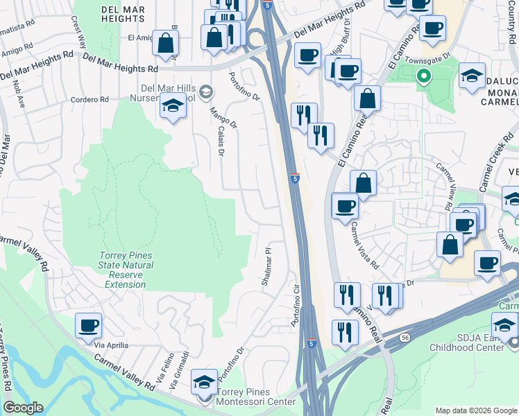 map of restaurants, bars, coffee shops, grocery stores, and more near 13334 Barbados Way in Del Mar