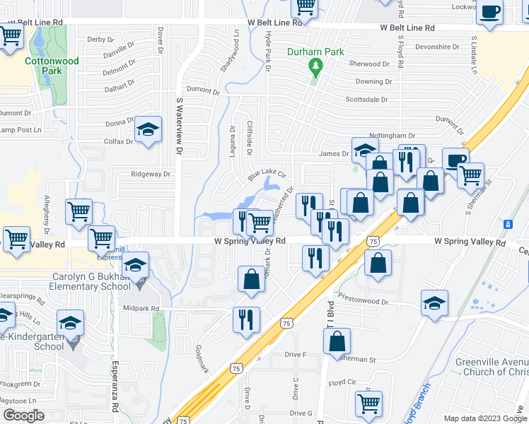 map of restaurants, bars, coffee shops, grocery stores, and more near 916 South Weatherred Drive in Richardson