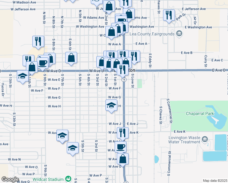 map of restaurants, bars, coffee shops, grocery stores, and more near 710 South 1st Street in Lovington