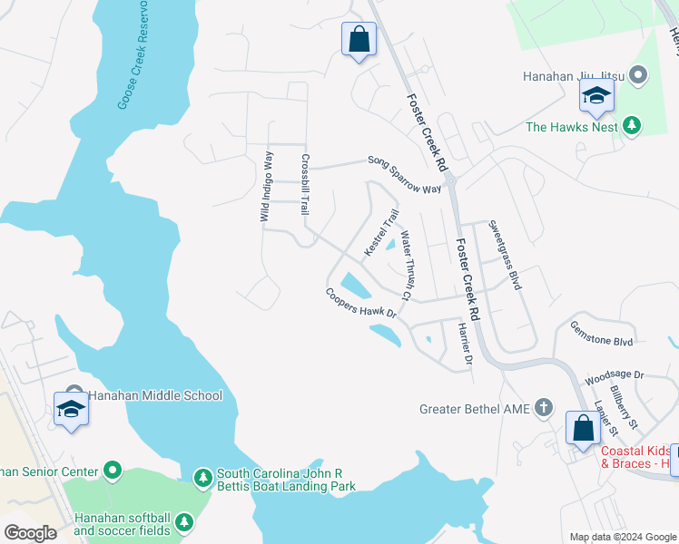map of restaurants, bars, coffee shops, grocery stores, and more near 1490 Coopers Hawk Drive in Hanahan
